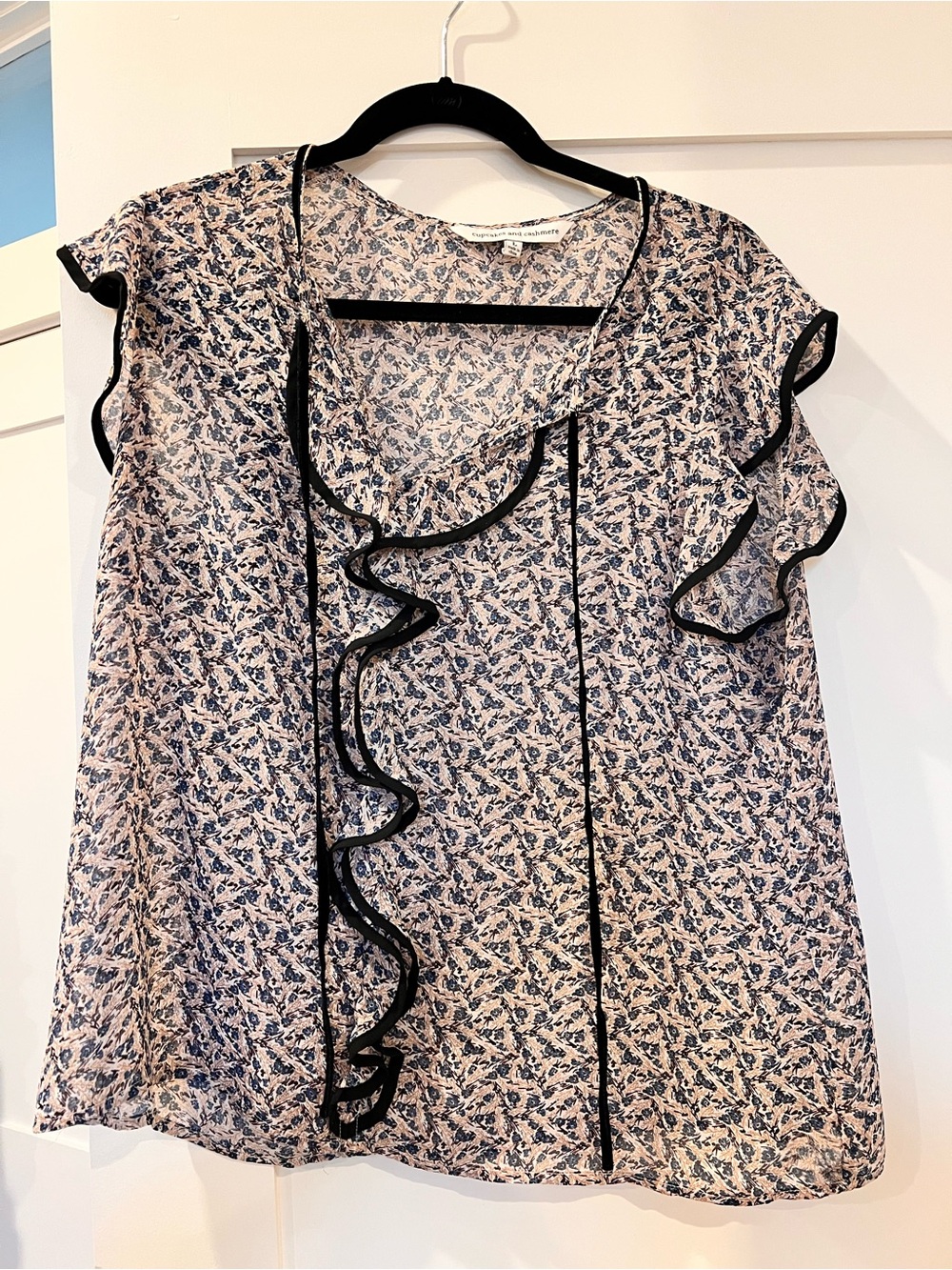 cupcakes & cashmere Pink Floral Ruffle-Trim Blouse with Navy Accents
